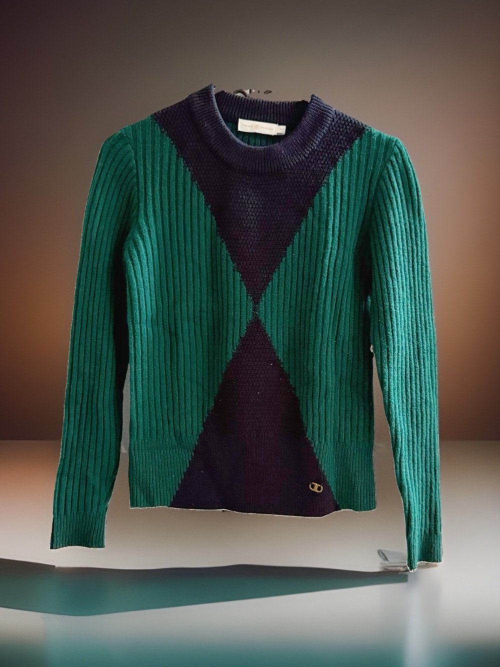 Tory Burch Womens S/P Green Navy Colorblock Ribbed Knit Sweater Gold Logo